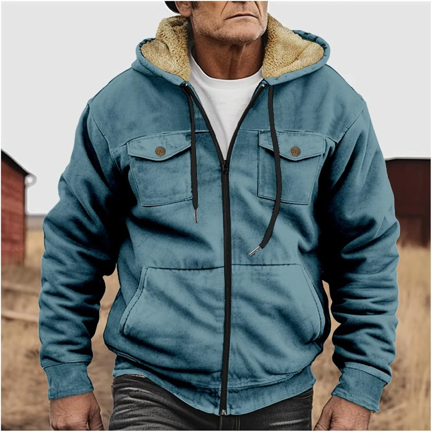 ADJHDFH Men’S Sherpa Lined Two Pocket Hooded Trucker Jacket 5Xl Mens Jacket Full Zip Hoodie Men Sherpa Lined Hoodie For Men