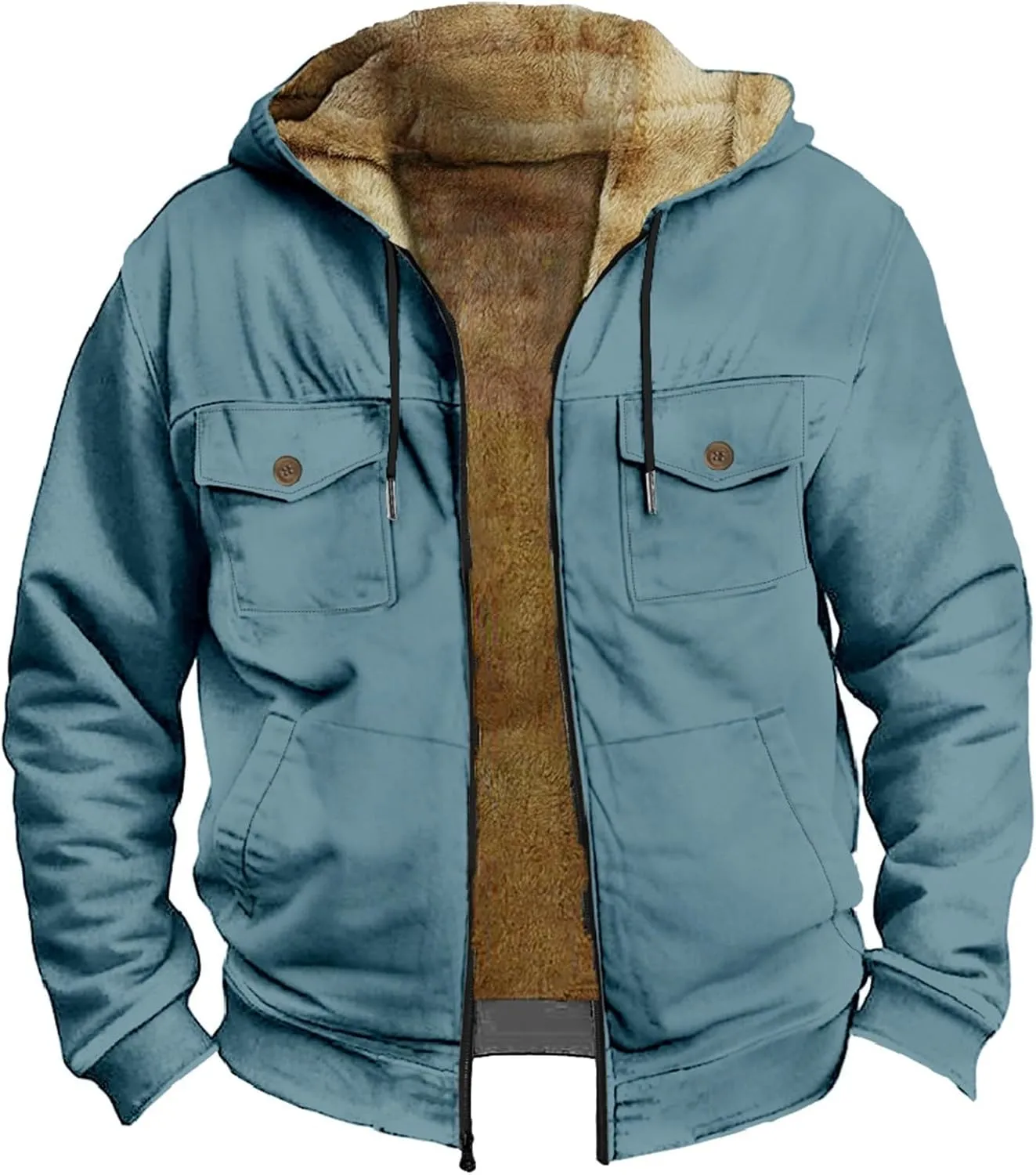 ADJHDFH Men’S Sherpa Lined Two Pocket Hooded Trucker Jacket 5Xl Mens Jacket Full Zip Hoodie Men Sherpa Lined Hoodie For Men