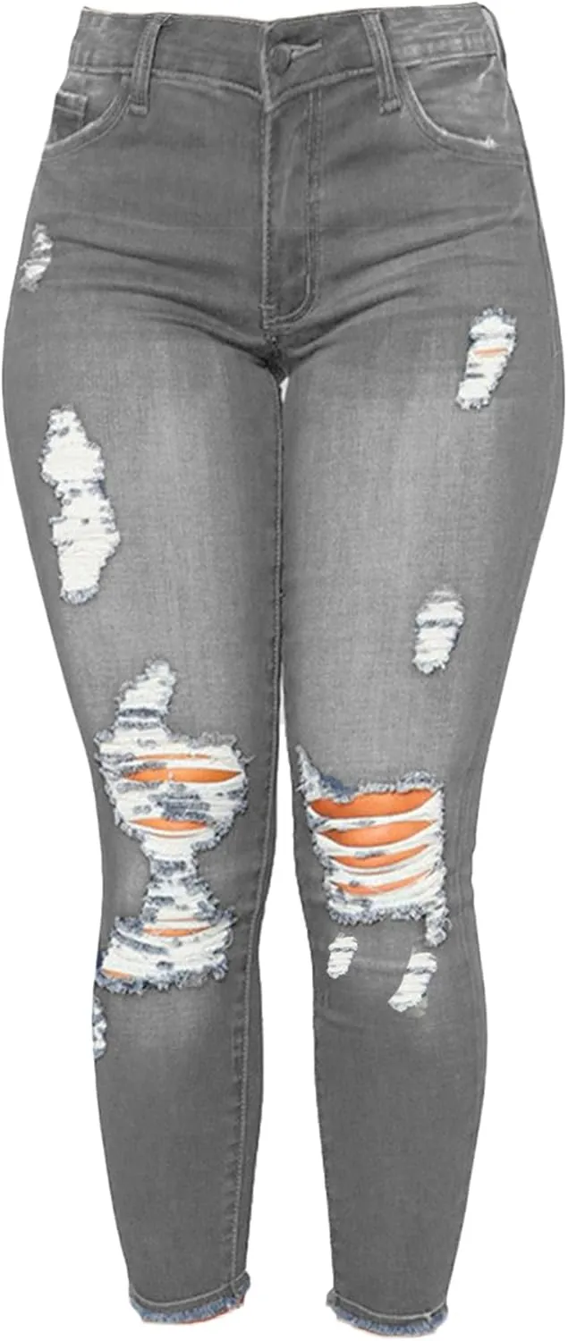 Andongnywell Women High Waisted Skinny Distressed Jeans Sexy Ripped Jegging Jeans Butt Lift Stretch Denim Pants