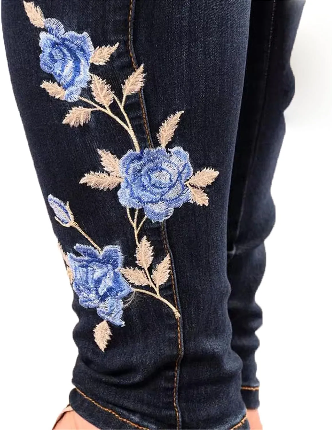 Andongnywell Women Stretch Jeans Embroidery Rose High Waist Butt Lift Denim Pants Flower Sexy Skinny Jegging Jeans