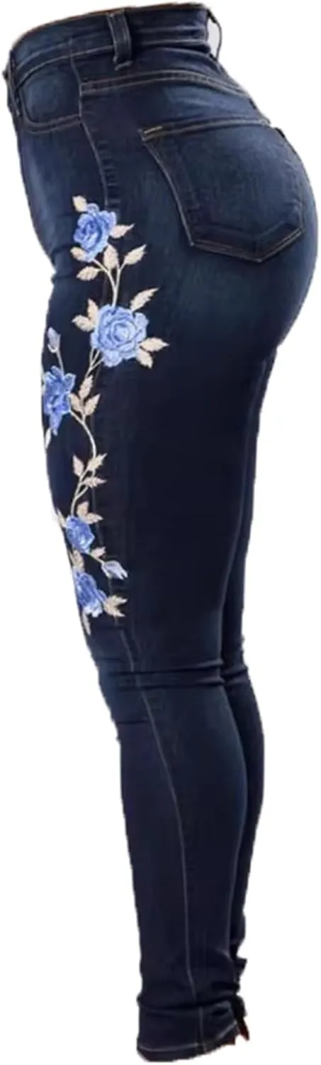 Andongnywell Women Stretch Jeans Embroidery Rose High Waist Butt Lift Denim Pants Flower Sexy Skinny Jegging Jeans