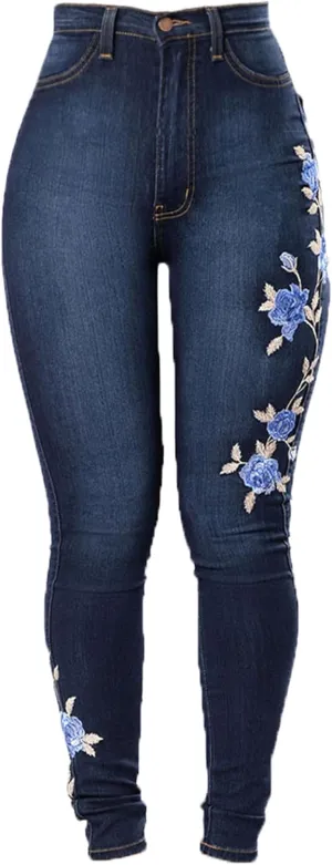 Andongnywell Women Stretch Jeans Embroidery Rose High Waist Butt Lift Denim Pants Flower Sexy Skinny Jegging Jeans