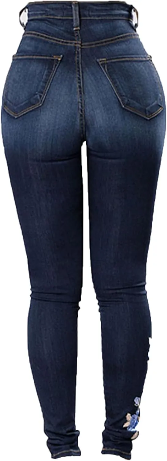 Andongnywell Women Stretch Jeans Embroidery Rose High Waist Butt Lift Denim Pants Flower Sexy Skinny Jegging Jeans