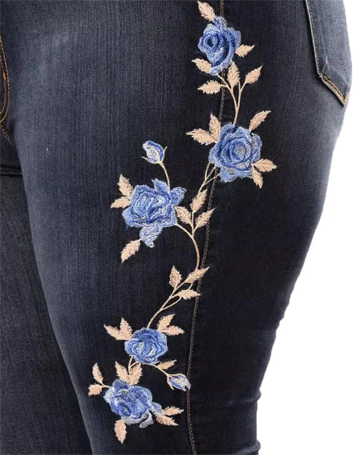 Andongnywell Women Stretch Jeans Embroidery Rose High Waist Butt Lift Denim Pants Flower Sexy Skinny Jegging Jeans