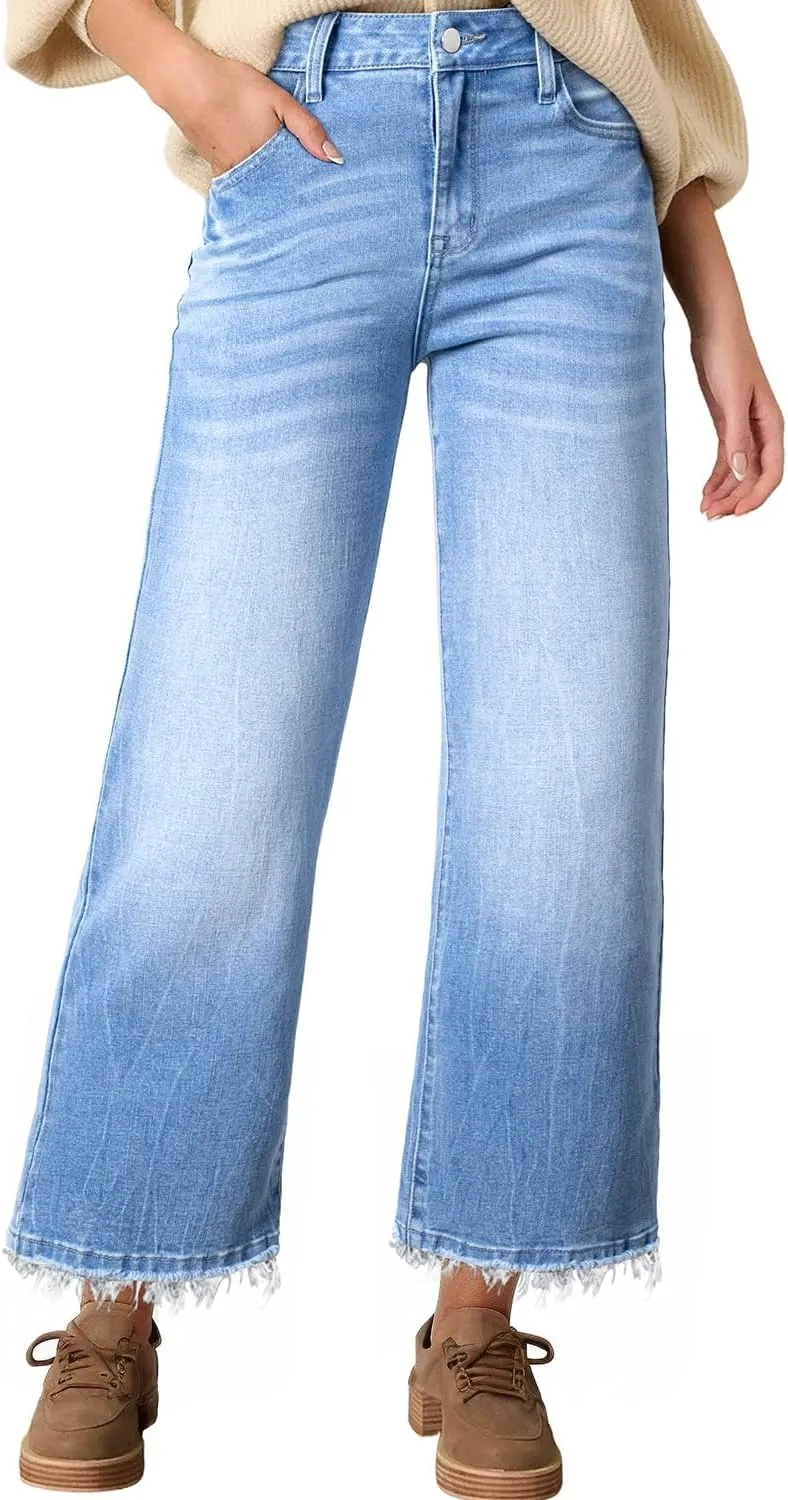 Astylish Womens High Waisted Jeans Stretchy Flared Straight Leg Loose Trendy Raw Hem Denim Pants