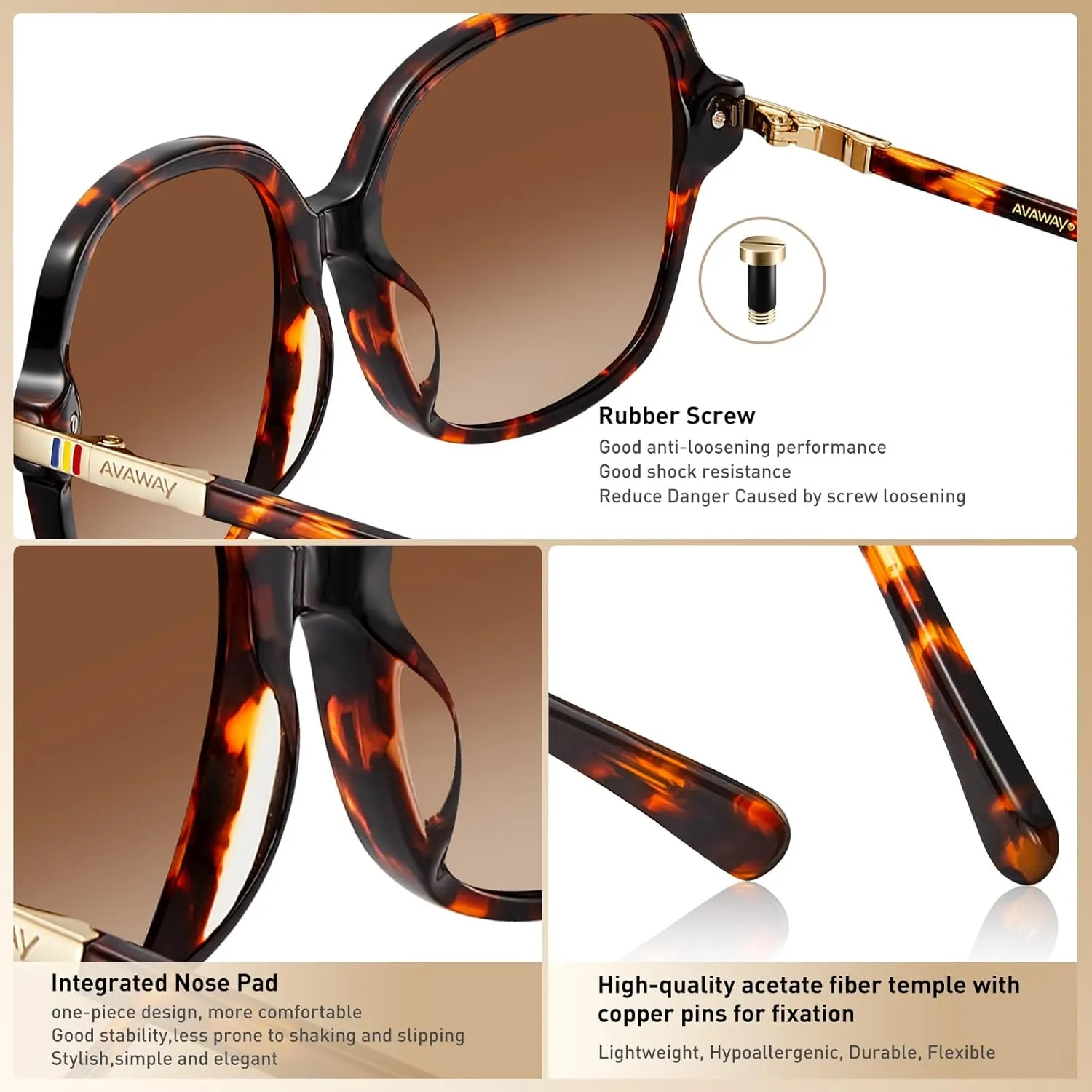 AVAWAY Polarized Sunglasses for Womens Square Oversized UV Protection Acetate Frame Retro Trendy Sun Shades