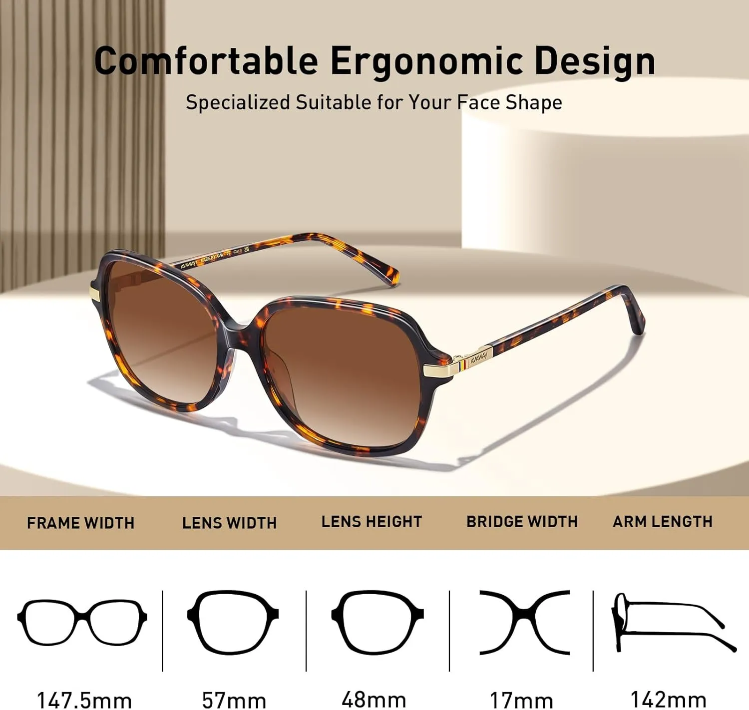 AVAWAY Polarized Sunglasses for Womens Square Oversized UV Protection Acetate Frame Retro Trendy Sun Shades