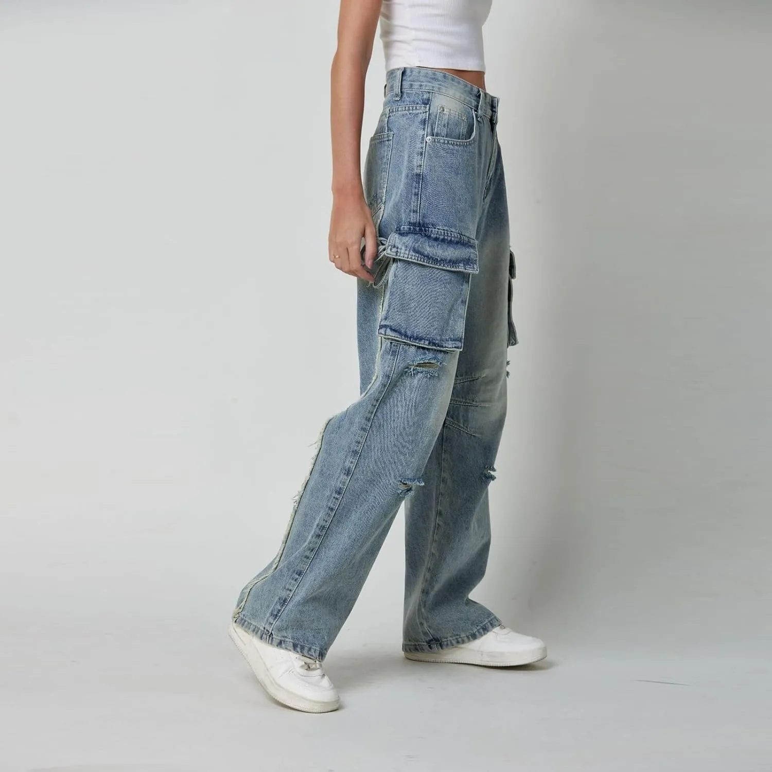 Baggy Jeans for Women Y2K Stretch High Waisted Straight Wide Leg Denim Jeans Pants Trousers Drawstring Flap Pocket