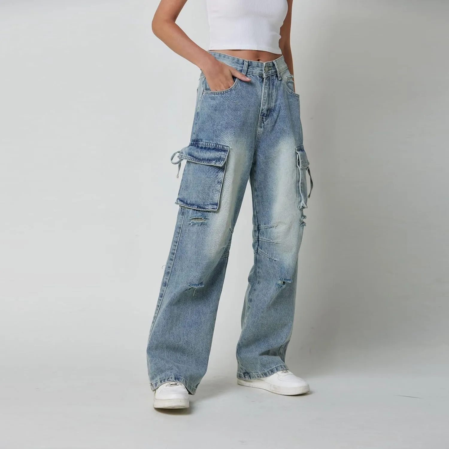 Baggy Jeans for Women Y2K Stretch High Waisted Straight Wide Leg Denim Jeans Pants Trousers Drawstring Flap Pocket