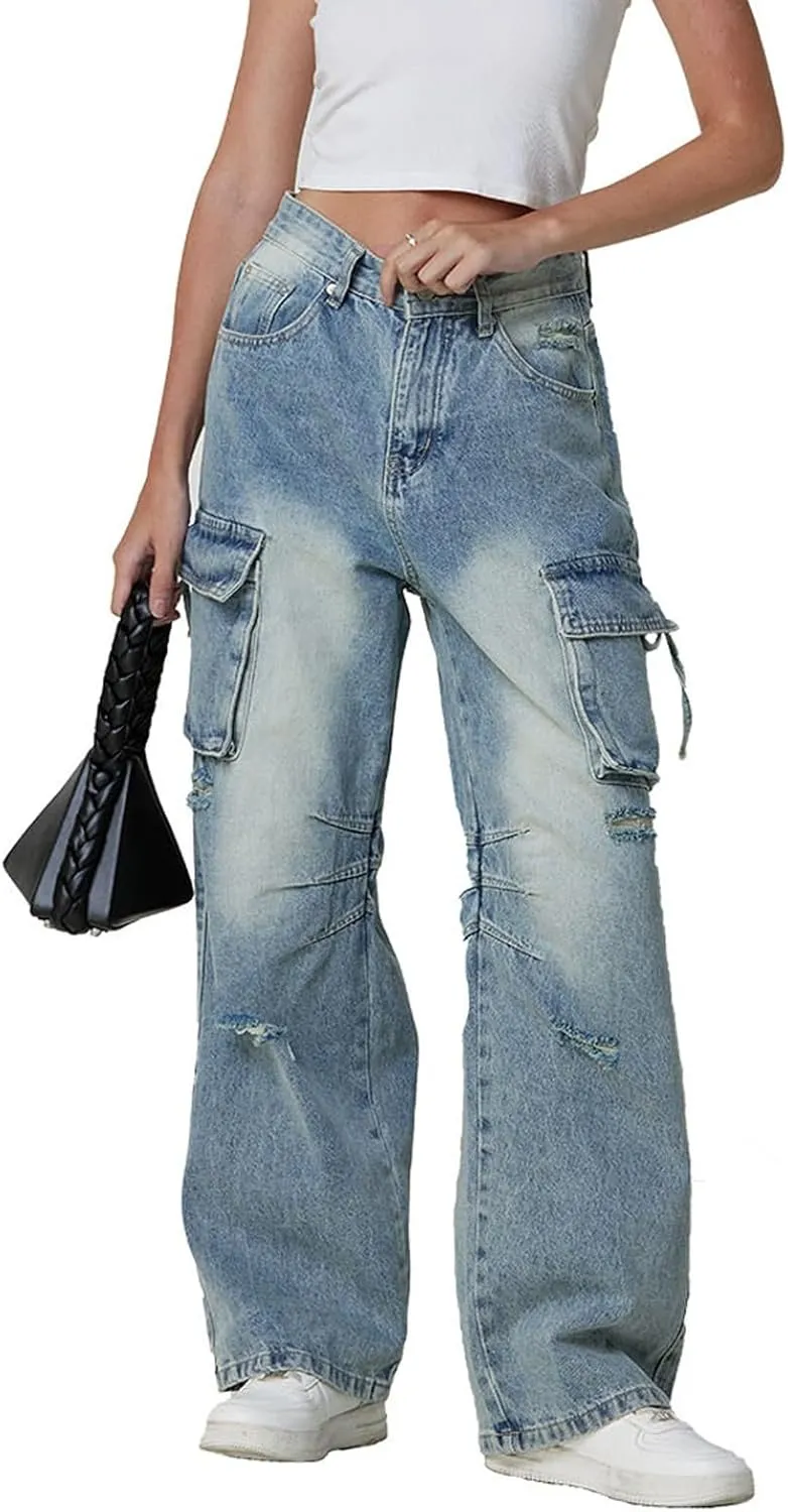 Baggy Jeans for Women Y2K Stretch High Waisted Straight Wide Leg Denim Jeans Pants Trousers Drawstring Flap Pocket