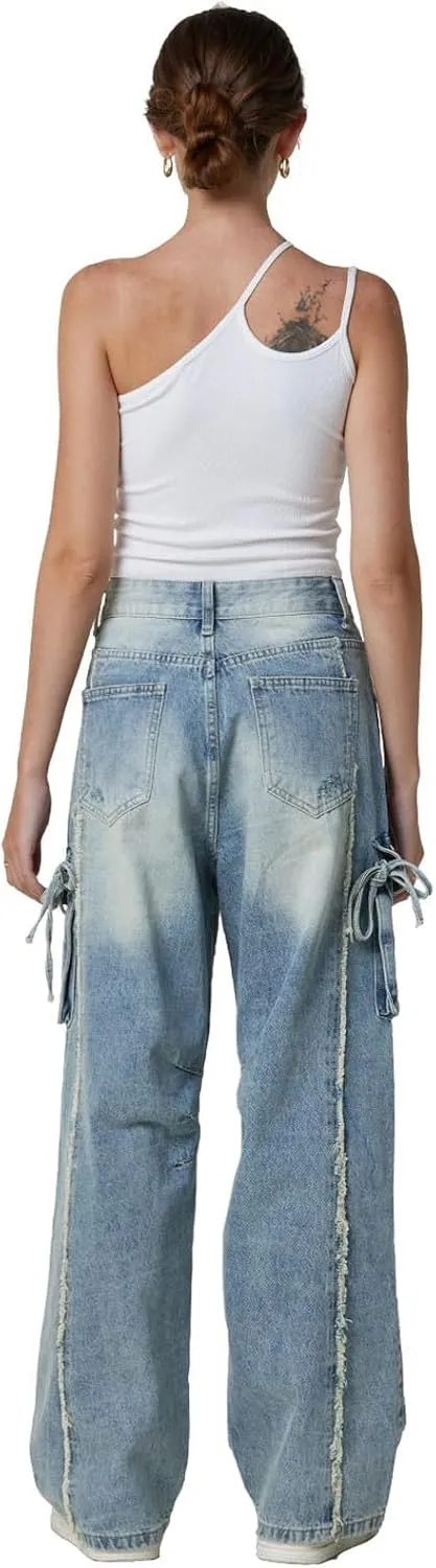 Baggy Jeans for Women Y2K Stretch High Waisted Straight Wide Leg Denim Jeans Pants Trousers Drawstring Flap Pocket
