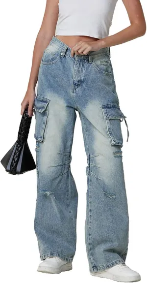 Baggy Jeans for Women Y2K Stretch High Waisted Straight Wide Leg Denim Jeans Pants Trousers Drawstring Flap Pocket