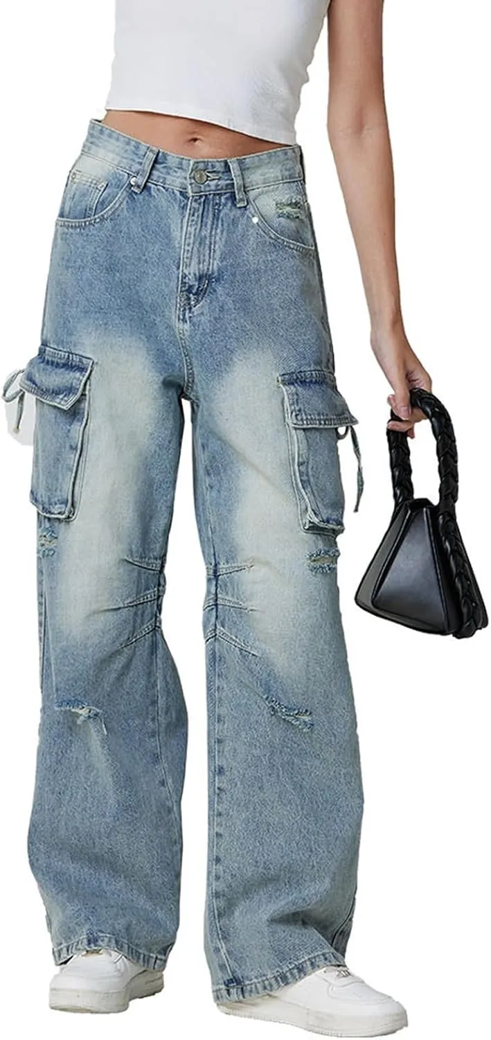 Baggy Jeans for Women Y2K Stretch High Waisted Straight Wide Leg Denim Jeans Pants Trousers Drawstring Flap Pocket