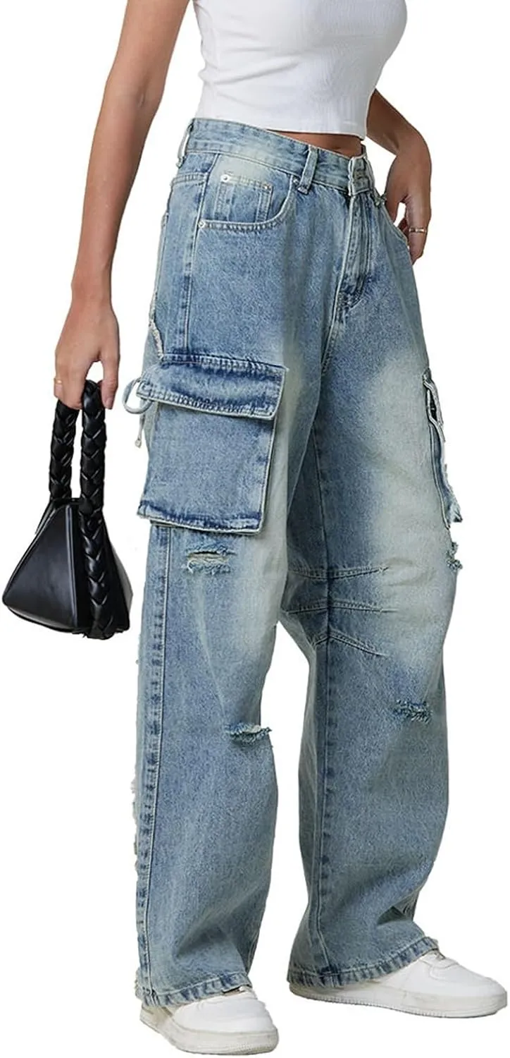 Baggy Jeans for Women Y2K Stretch High Waisted Straight Wide Leg Denim Jeans Pants Trousers Drawstring Flap Pocket
