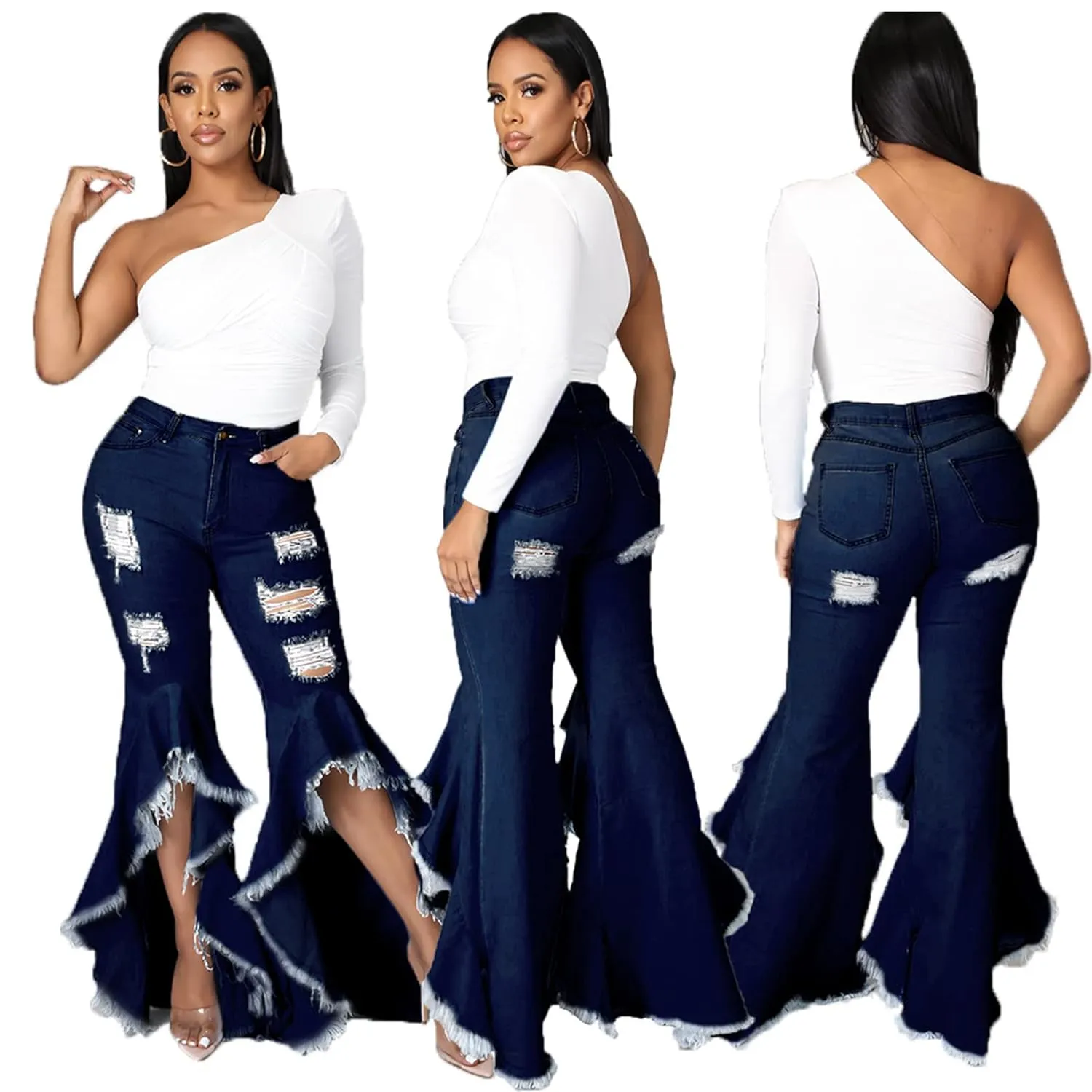 Bell Bottom Jeans for Women 2023 Destroyed Flare Jeans for Women High Waist Tassel Stretch Curvy Flare Denim Pants (XXX-Large,Dark Blue)