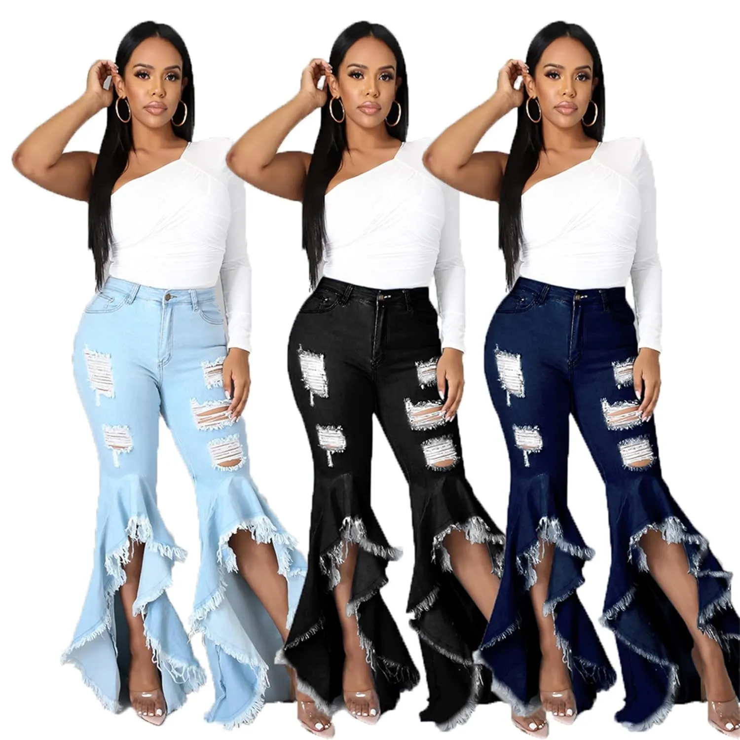 Bell Bottom Jeans for Women 2023 Destroyed Flare Jeans for Women High Waist Tassel Stretch Curvy Flare Denim Pants (XXX-Large,Dark Blue)