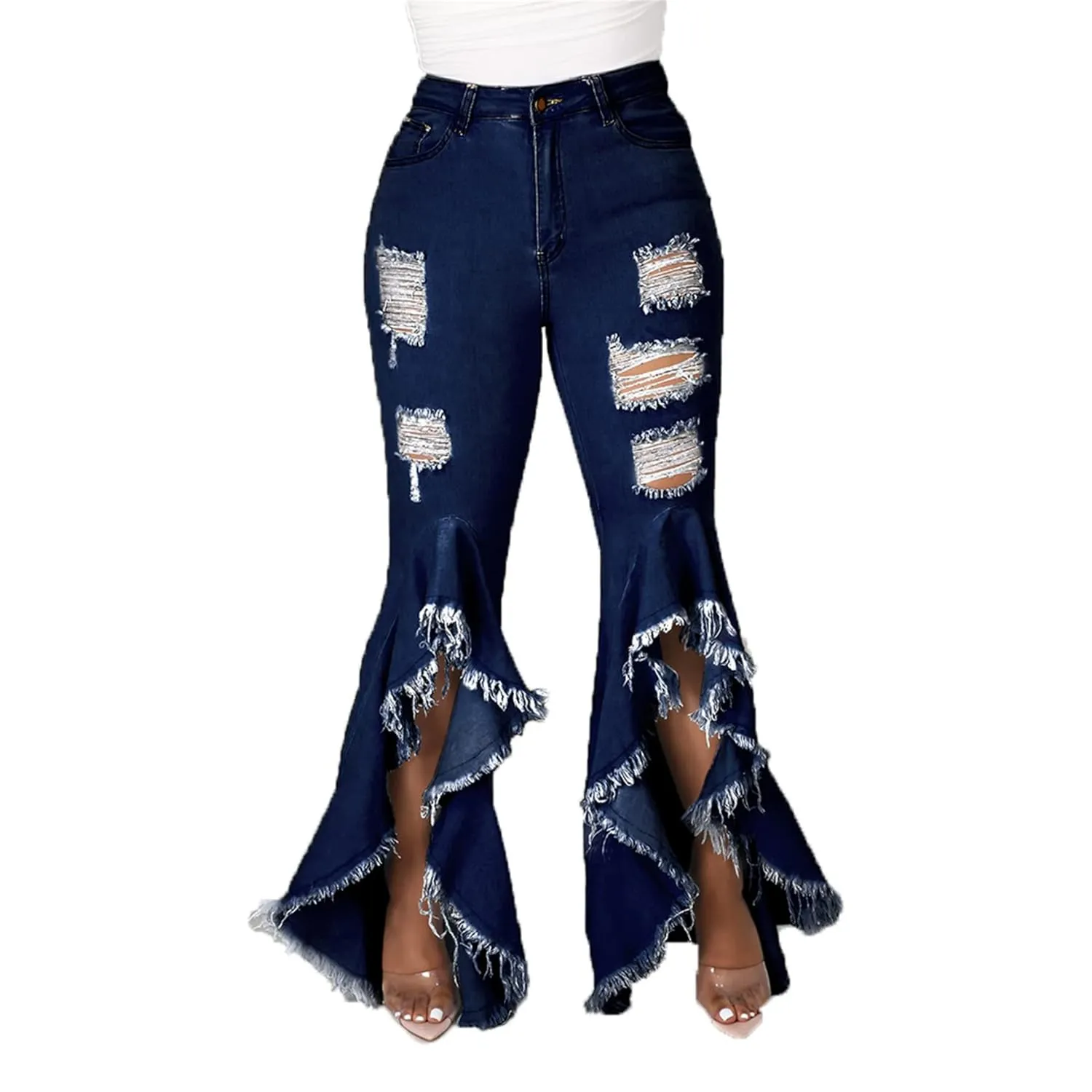 Bell Bottom Jeans for Women 2023 Destroyed Flare Jeans for Women High Waist Tassel Stretch Curvy Flare Denim Pants (XXX-Large,Dark Blue)