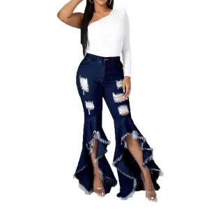 Bell Bottom Jeans for Women 2023 Destroyed Flare Jeans for Women High Waist Tassel Stretch Curvy Flare Denim Pants (XXX-Large,Dark Blue)