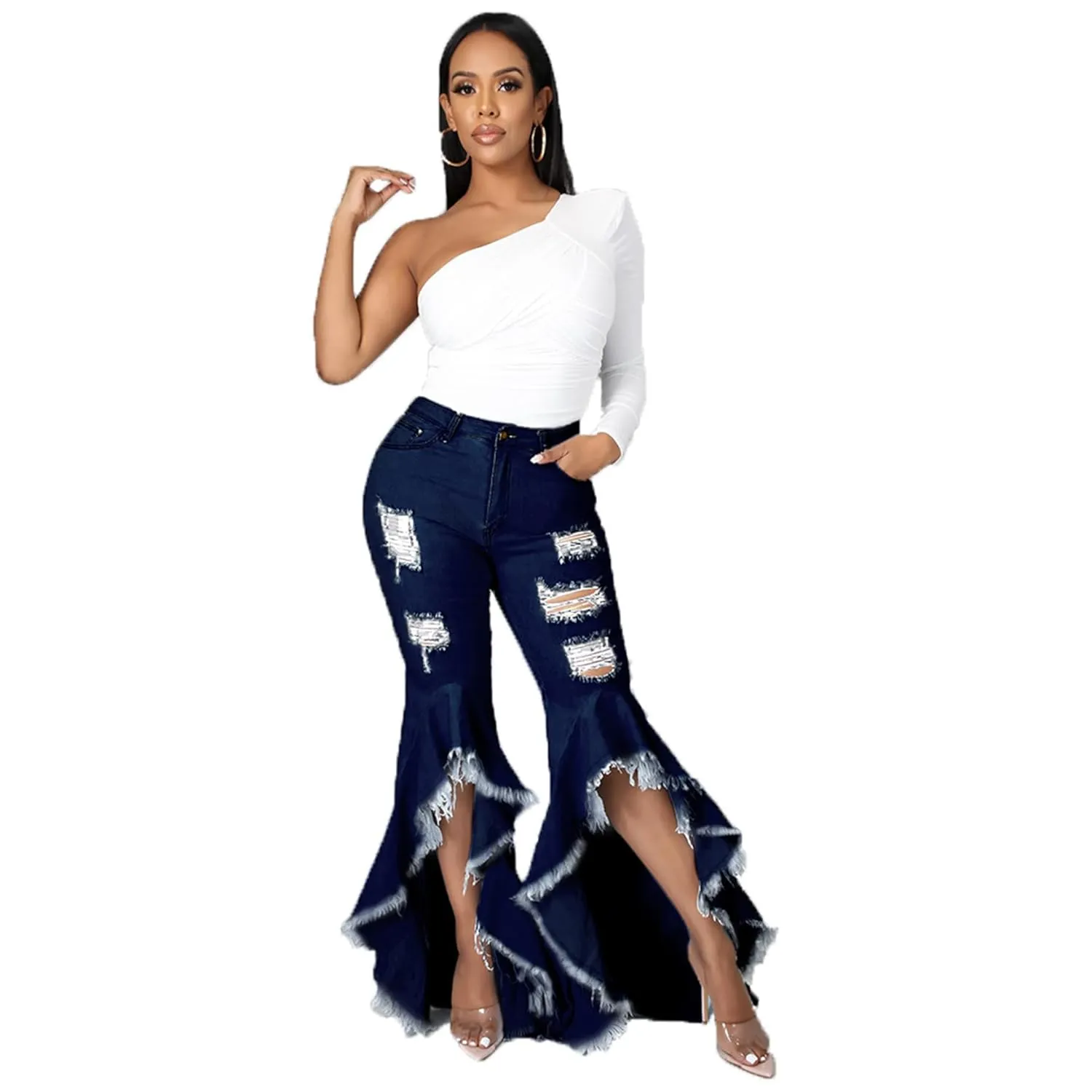 Bell Bottom Jeans for Women 2023 Destroyed Flare Jeans for Women High Waist Tassel Stretch Curvy Flare Denim Pants (XXX-Large,Dark Blue)