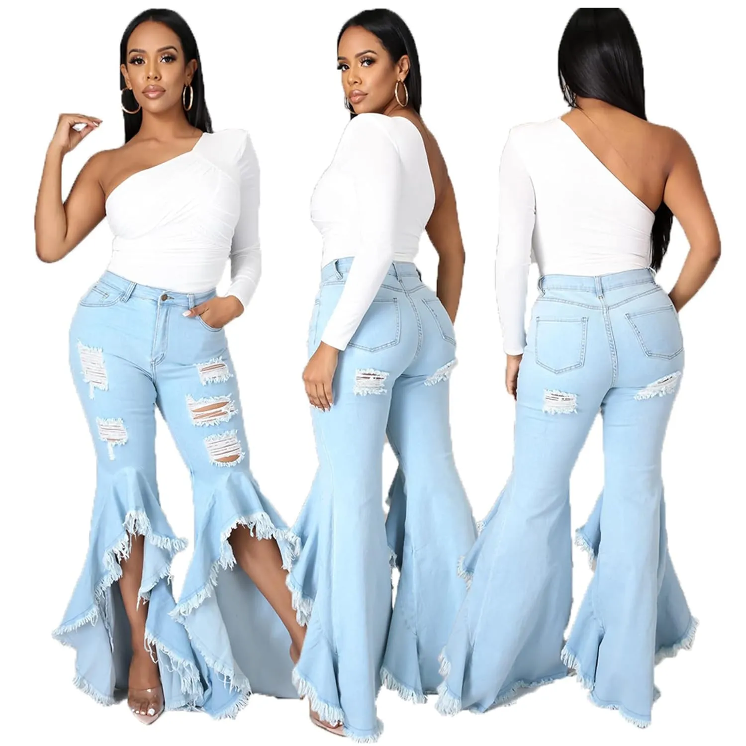 Bell Bottom Jeans for Women 2023 Destroyed Flare Jeans for Women High Waist Tassel Stretch Curvy Flare Denim Pants (XXX-Large,Light Blue)