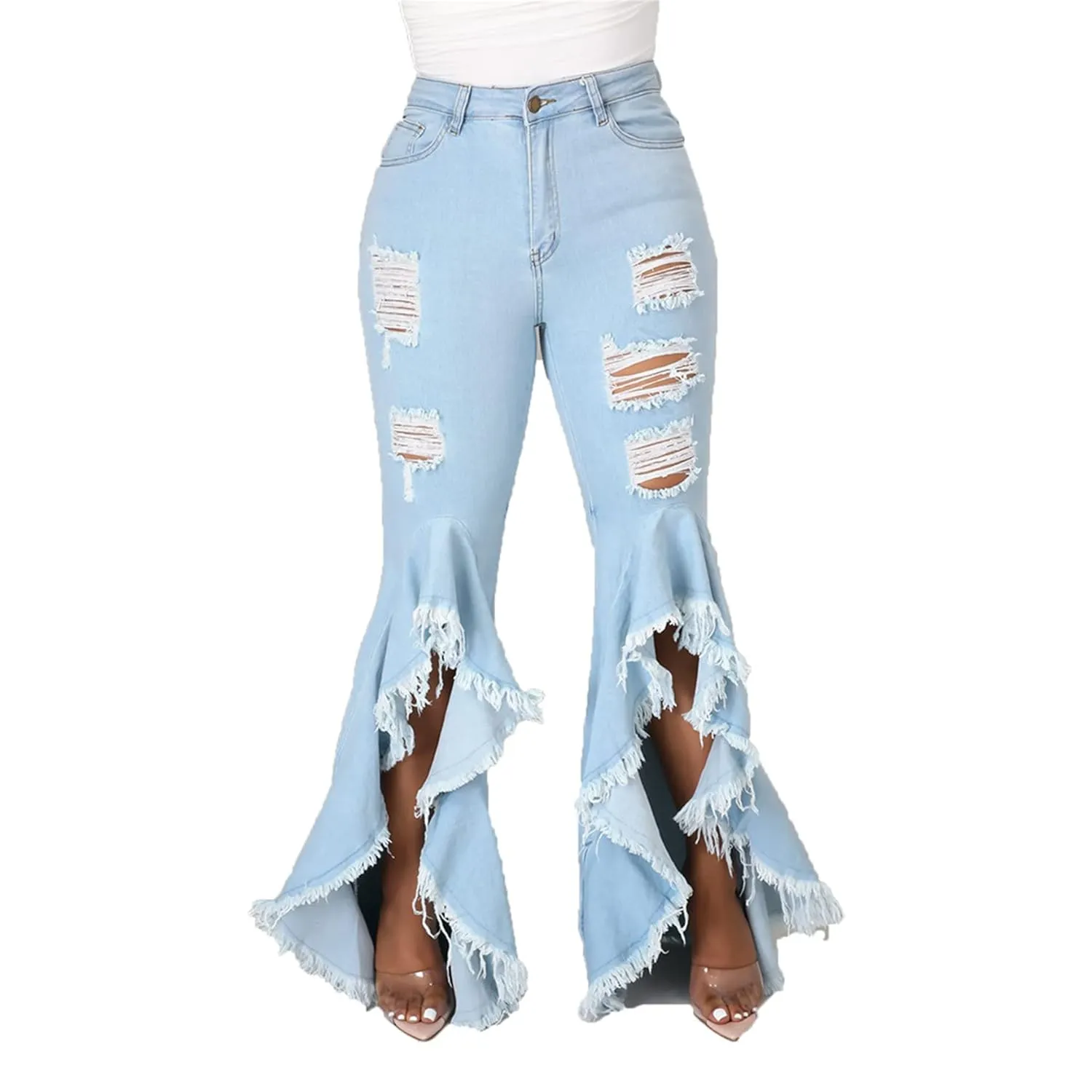 Bell Bottom Jeans for Women 2023 Destroyed Flare Jeans for Women High Waist Tassel Stretch Curvy Flare Denim Pants (XXX-Large,Light Blue)