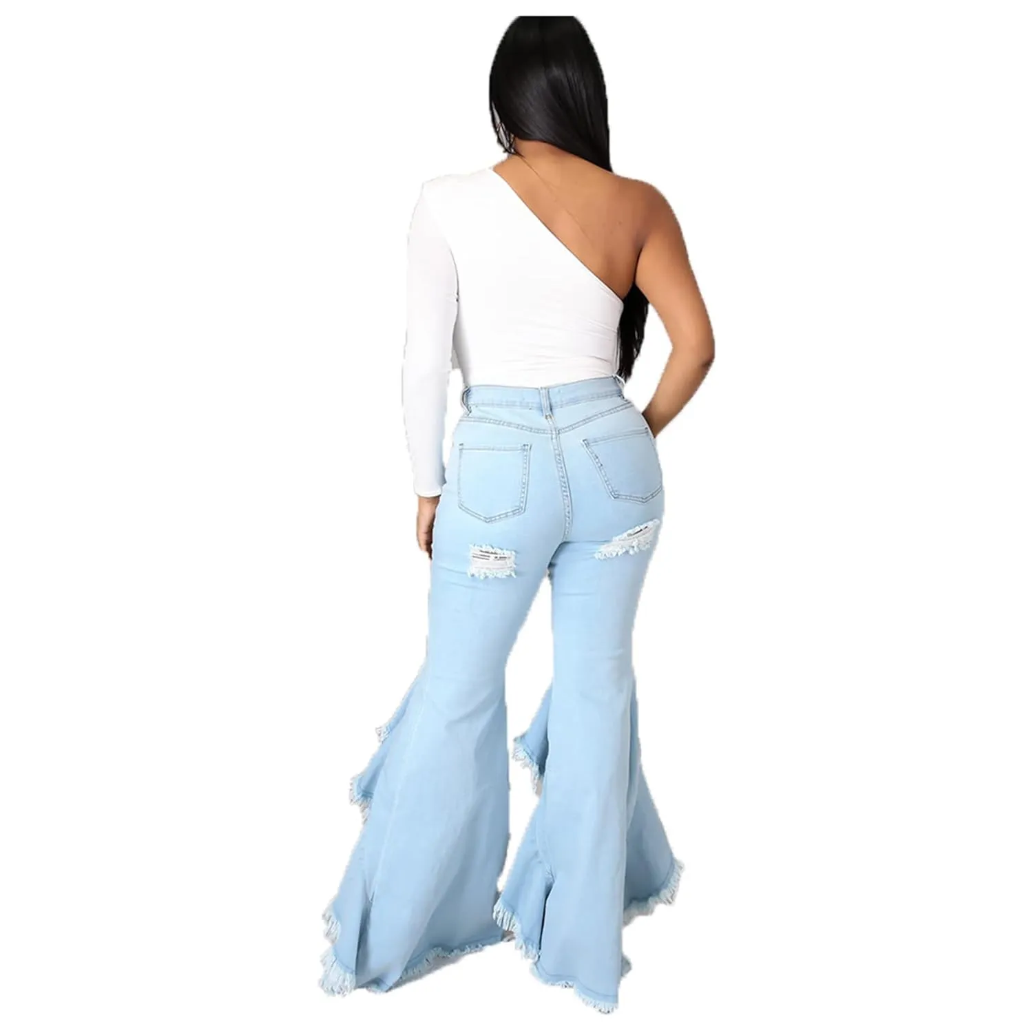 Bell Bottom Jeans for Women 2023 Destroyed Flare Jeans for Women High Waist Tassel Stretch Curvy Flare Denim Pants (XXX-Large,Light Blue)