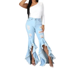 Bell Bottom Jeans for Women 2023 Destroyed Flare Jeans for Women High Waist Tassel Stretch Curvy Flare Denim Pants (XXX-Large,Light Blue)