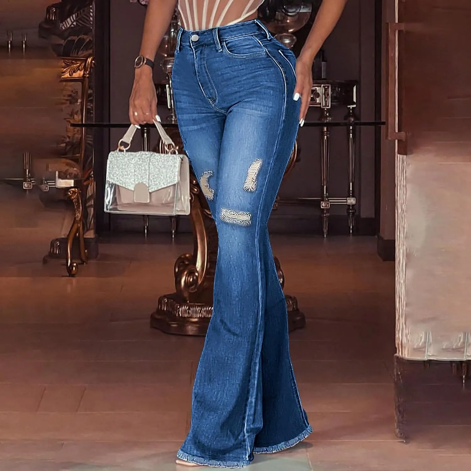 Bell Bottom Jeans for Women Bootcut Ripped High Waisted Flare Jeans Distressed Ladies Casual Pants Trousers 2025