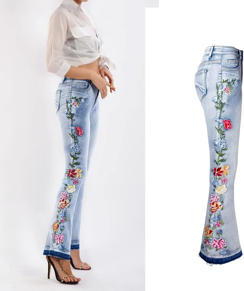 Bell Bottom Jeans for Women Flared Jeans Floral Embroidered Jeans 70s Outfits Bootcut Jeans Wide Leg Denim Pants