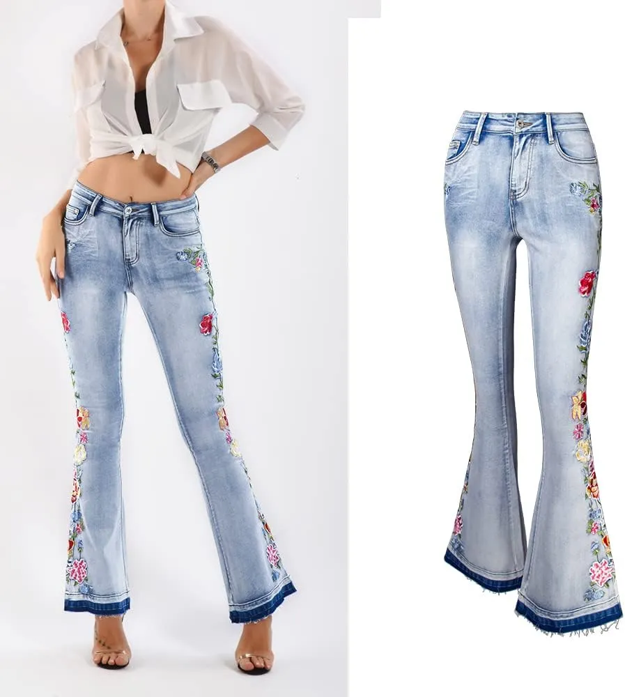 Bell Bottom Jeans for Women Flared Jeans Floral Embroidered Jeans 70s Outfits Bootcut Jeans Wide Leg Denim Pants