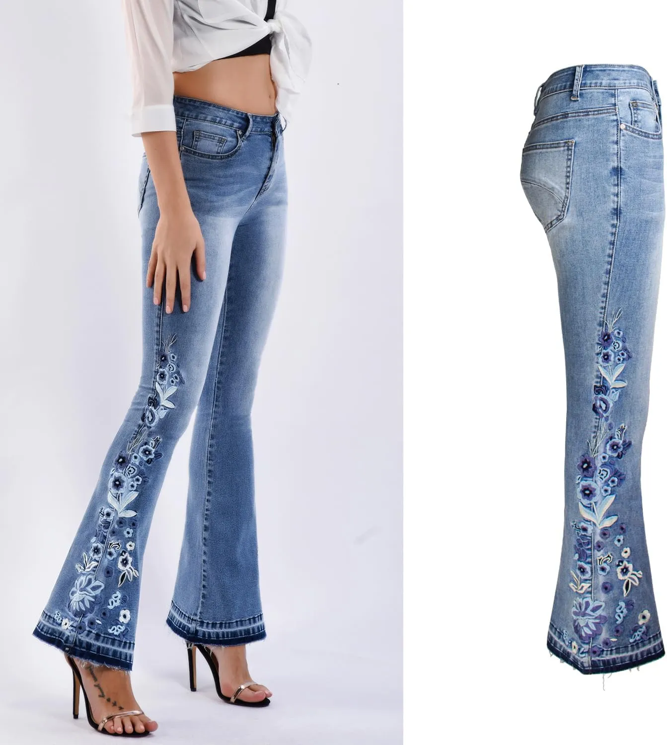 Bell Bottom Jeans for Women Flared Jeans Floral Embroidered Jeans 70s Outfits Bootcut Jeans Wide Leg Denim Pants