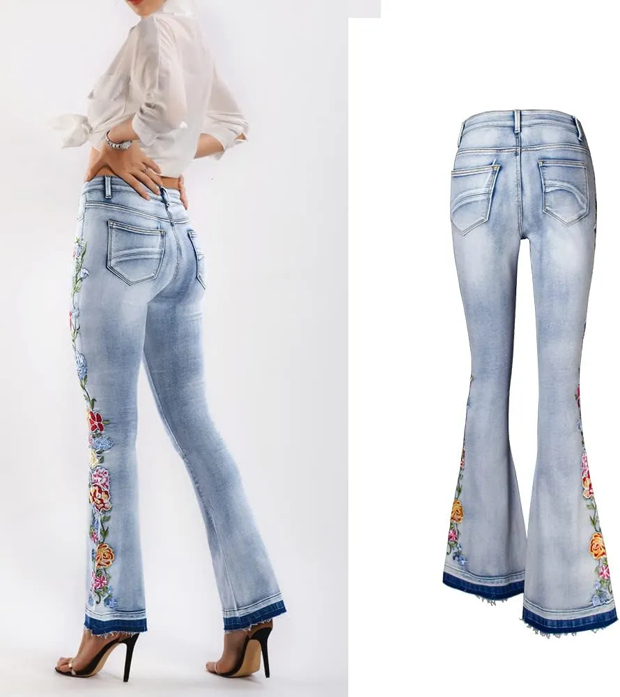 Bell Bottom Jeans for Women Flared Jeans Floral Embroidered Jeans 70s Outfits Bootcut Jeans Wide Leg Denim Pants