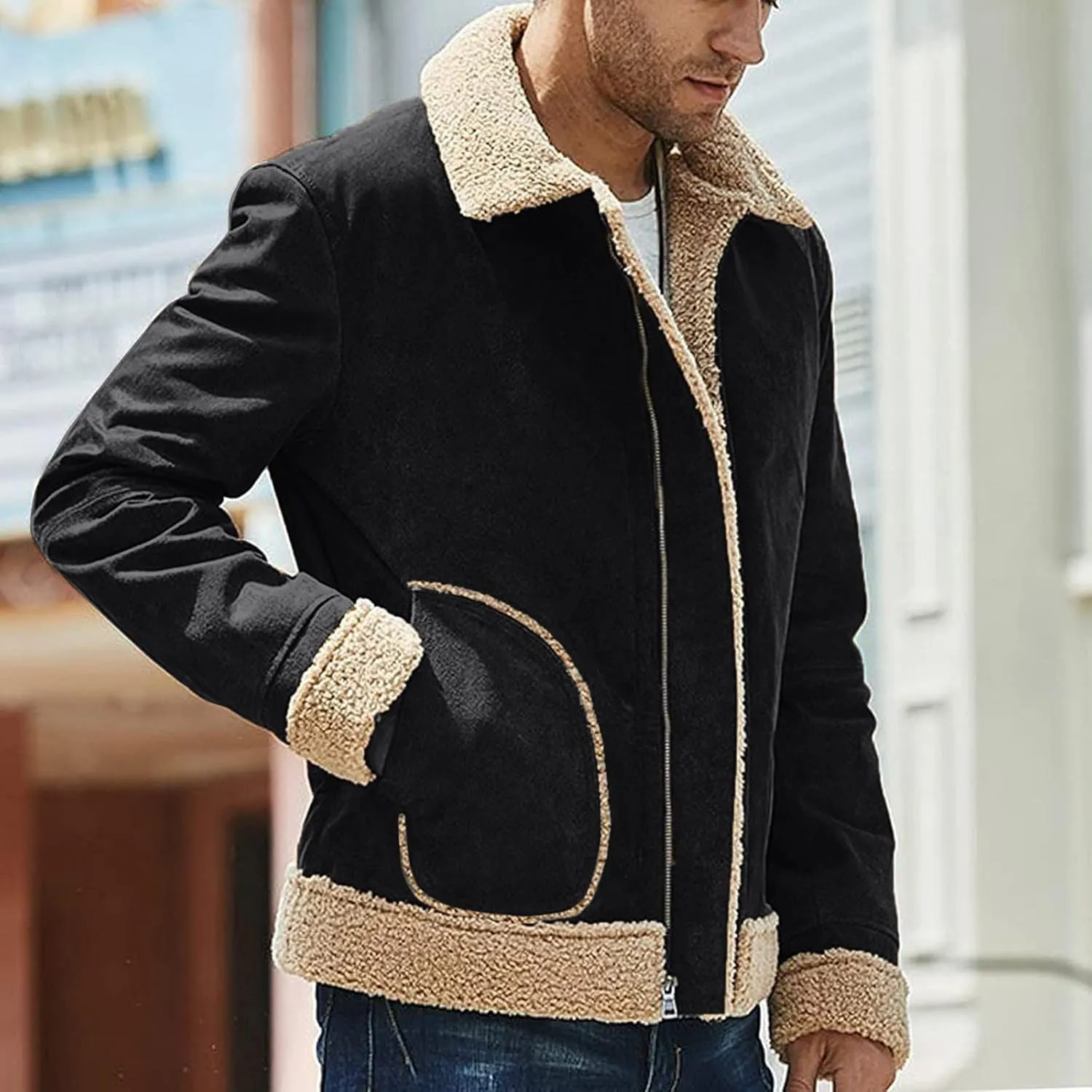 BIFUTON Winter Jackets for Men,Mens Pullover Winter Workout Faux Leather Lapel Jackets Fur Stand Collar Soft Warm Thick Coats