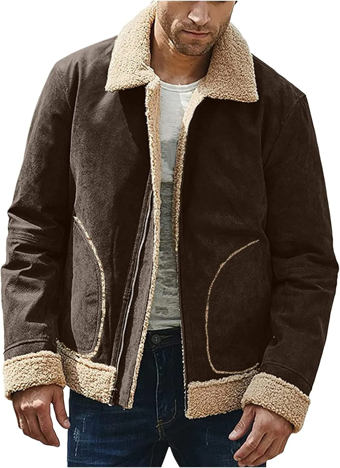 BIFUTON Winter Jackets for Men,Mens Pullover Winter Workout Faux Leather Lapel Jackets Fur Stand Collar Soft Warm Thick Coats