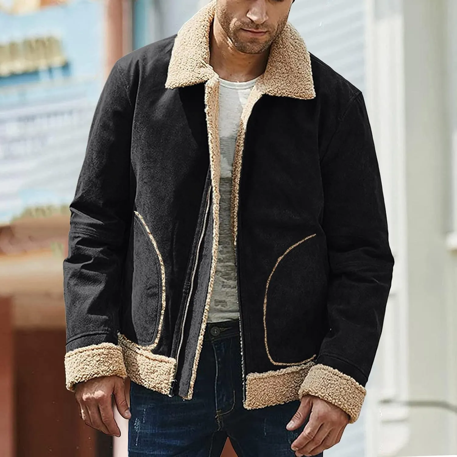 BIFUTON Winter Jackets for Men,Mens Pullover Winter Workout Faux Leather Lapel Jackets Fur Stand Collar Soft Warm Thick Coats