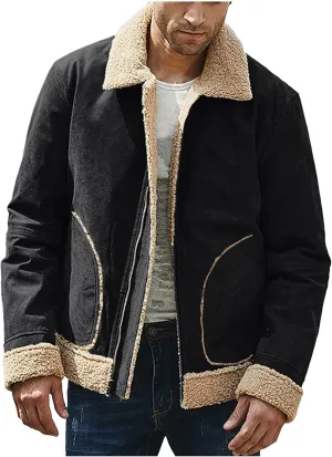 BIFUTON Winter Jackets for Men,Mens Pullover Winter Workout Faux Leather Lapel Jackets Fur Stand Collar Soft Warm Thick Coats