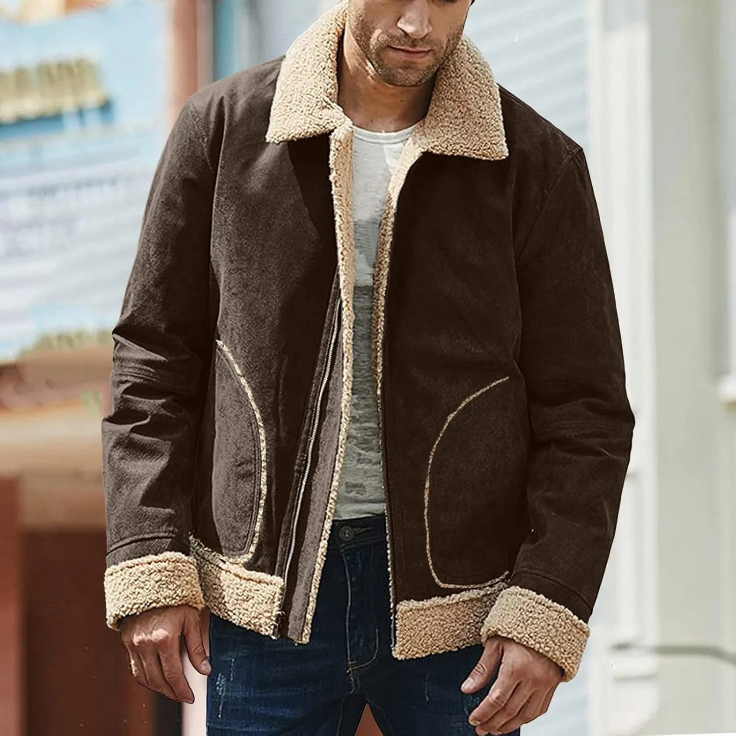 BIFUTON Winter Jackets for Men,Mens Pullover Winter Workout Faux Leather Lapel Jackets Fur Stand Collar Soft Warm Thick Coats