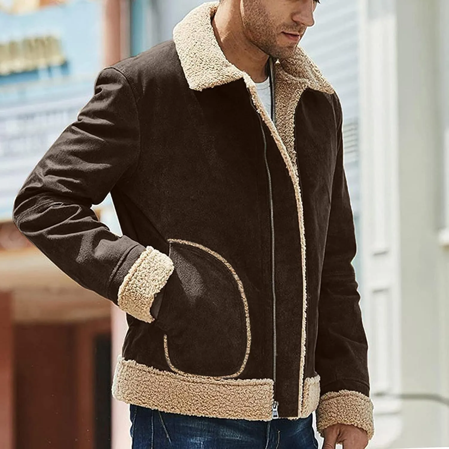 BIFUTON Winter Jackets for Men,Mens Pullover Winter Workout Faux Leather Lapel Jackets Fur Stand Collar Soft Warm Thick Coats
