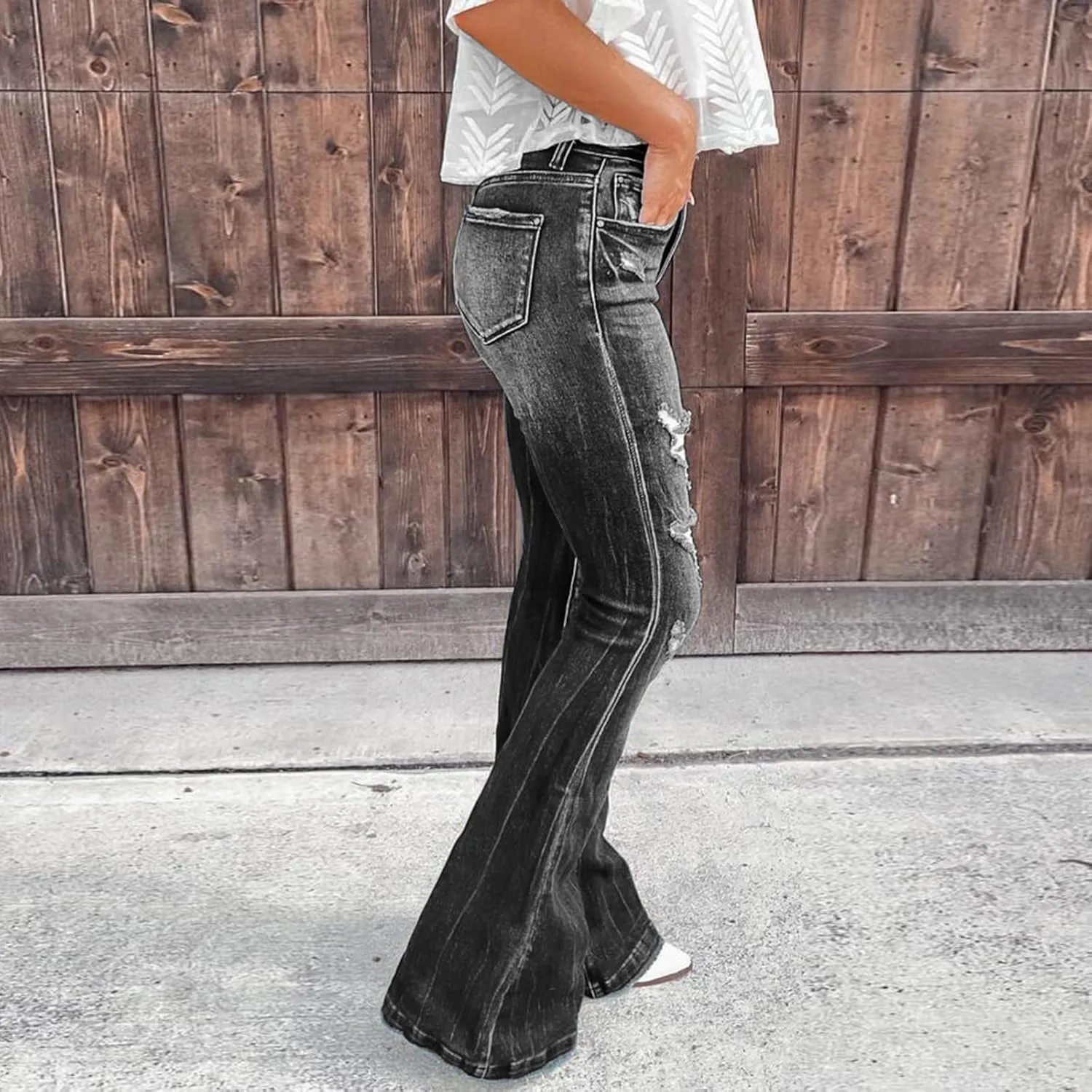 Boot Cut Jeans for Women Petite Low Rise Jeans Ripped Denim Ladies Pull On Stretch Flare Jeans Bell Bottom Jeans