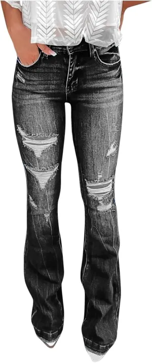 Boot Cut Jeans for Women Petite Low Rise Jeans Ripped Denim Ladies Pull On Stretch Flare Jeans Bell Bottom Jeans