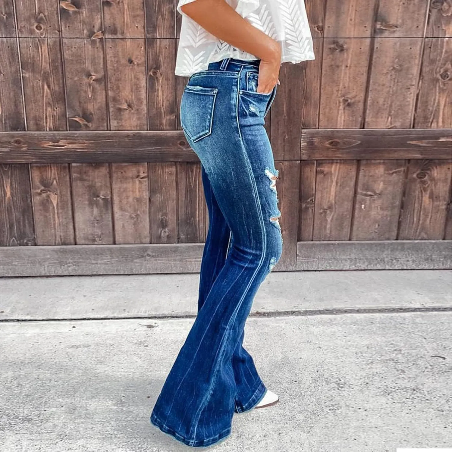Boot Cut Jeans for Women Petite Low Rise Jeans Ripped Denim Ladies Pull On Stretch Flare Jeans Bell Bottom Jeans
