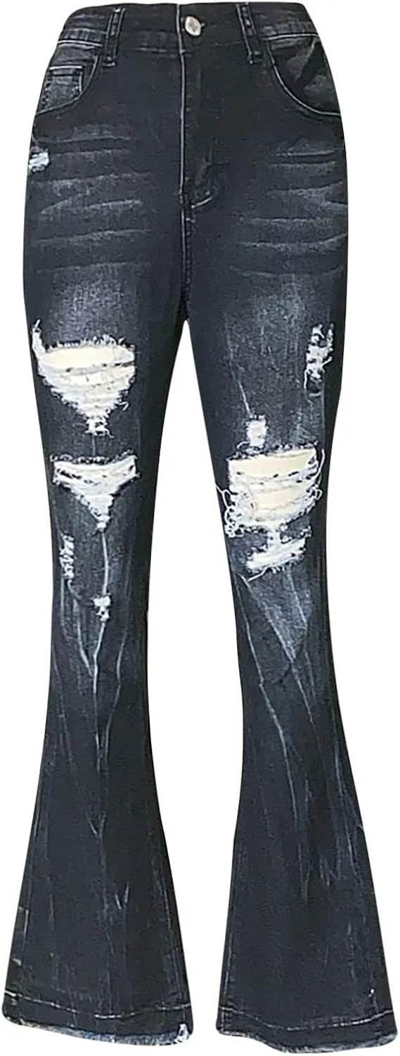 Boot Cut Jeans for Women Petite Low Rise Jeans Ripped Denim Ladies Pull On Stretch Flare Jeans Bell Bottom Jeans