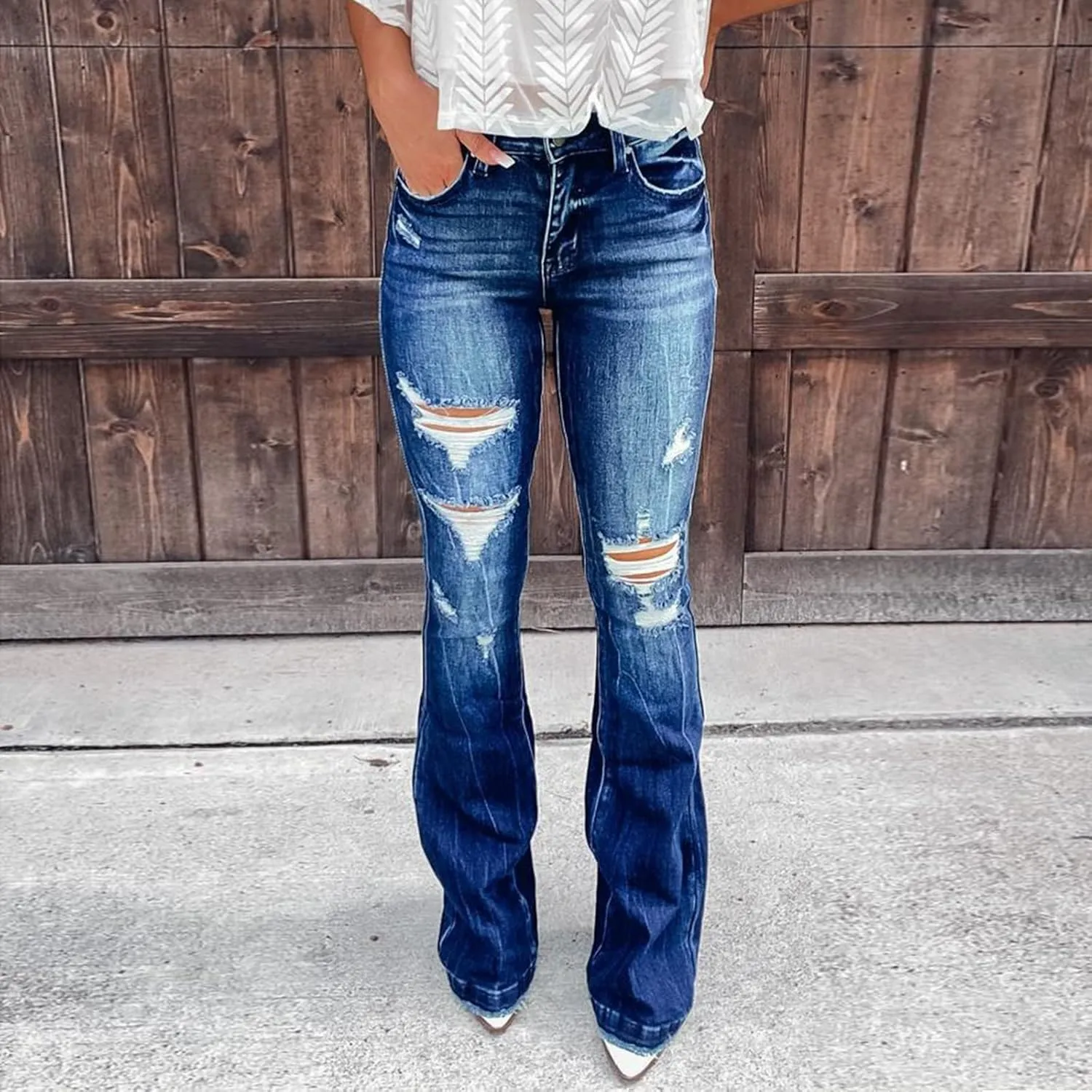 Boot Cut Jeans for Women Petite Low Rise Jeans Ripped Denim Ladies Pull On Stretch Flare Jeans Bell Bottom Jeans