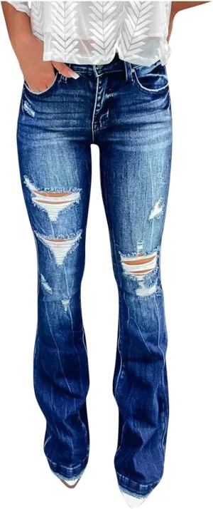 Boot Cut Jeans for Women Petite Low Rise Jeans Ripped Denim Ladies Pull On Stretch Flare Jeans Bell Bottom Jeans