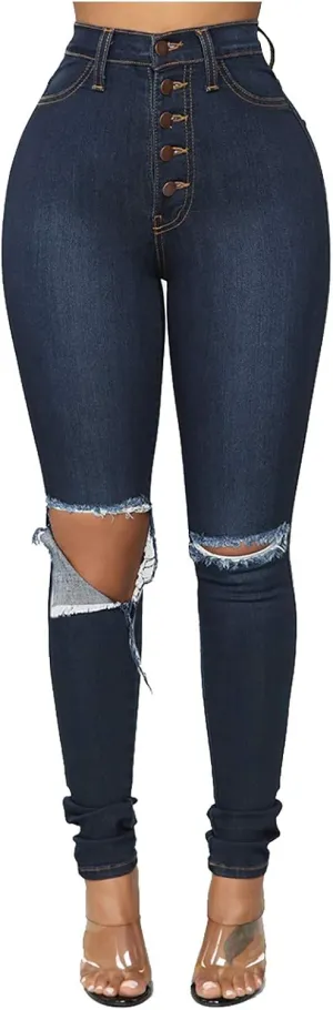 Borniu Plus Size Jeans for Women Stretch Denim Legging High Waisted Ripped Skinny Jeans Distressed Denim Pants