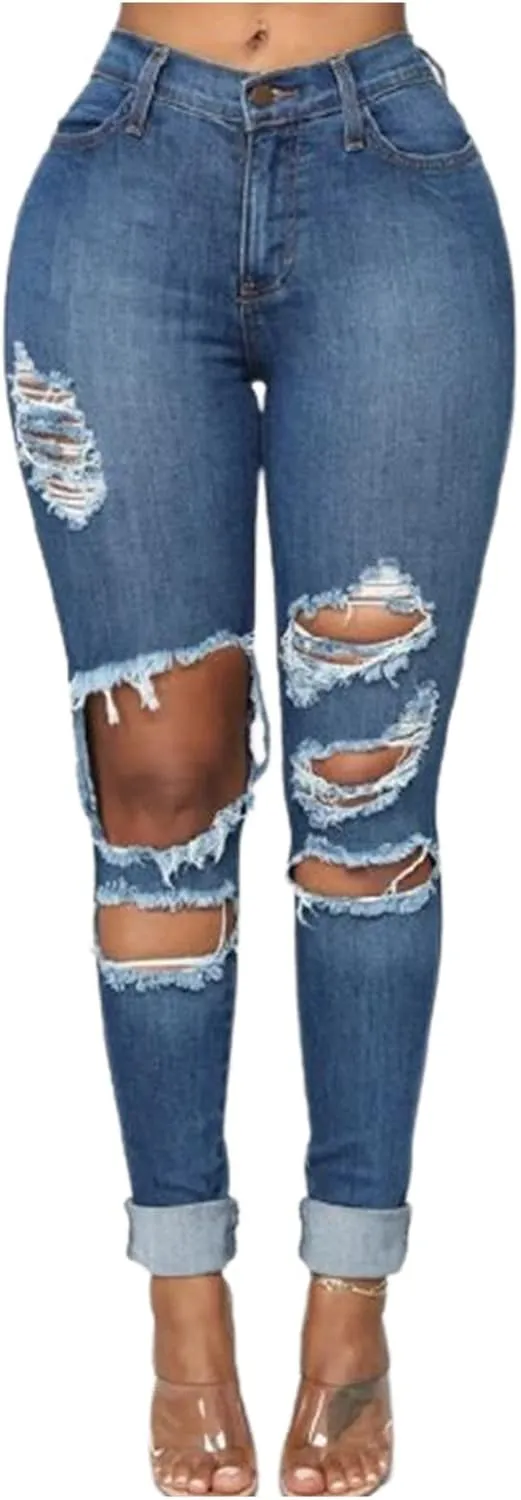 Borniu Plus Size Jeans for Women Stretch Denim Legging High Waisted Ripped Skinny Jeans Distressed Denim Pants