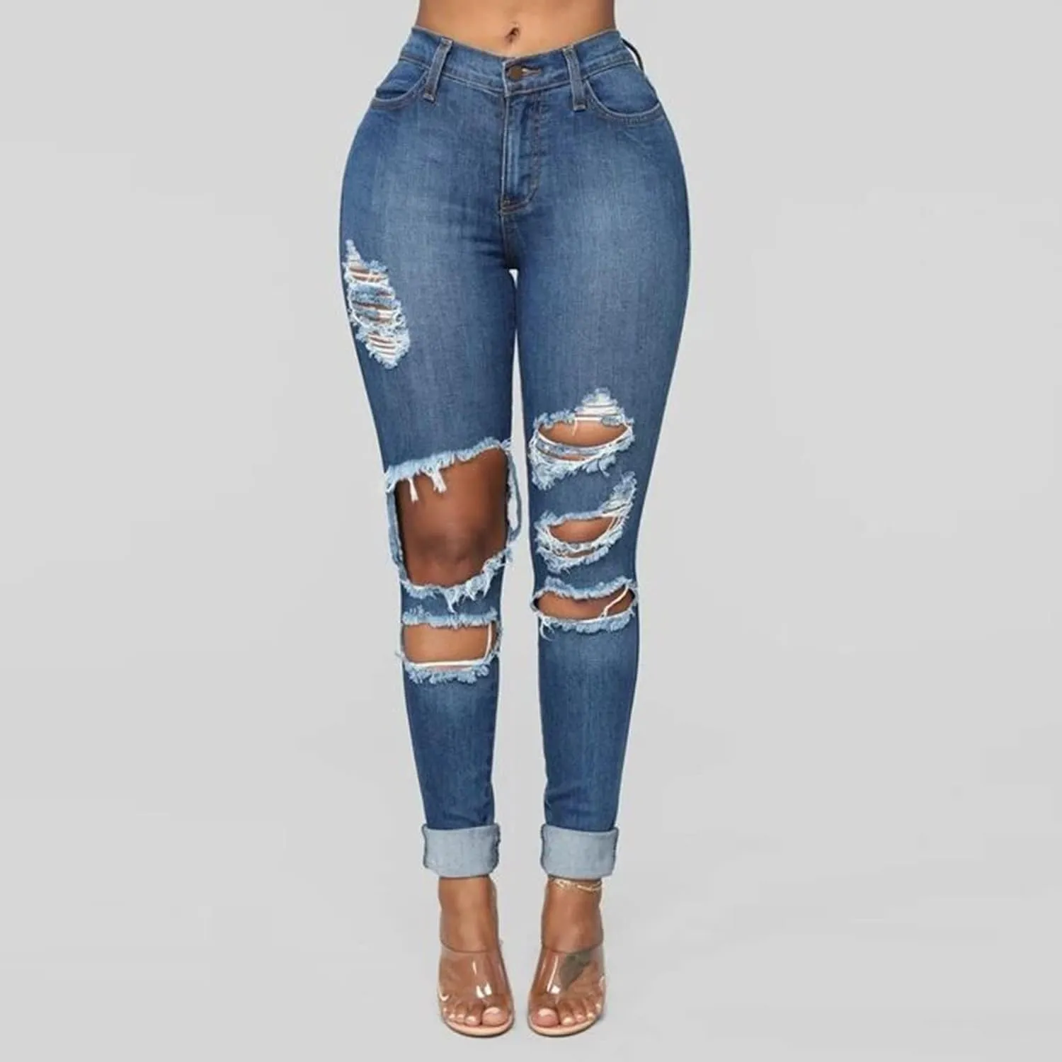 Borniu Plus Size Jeans for Women Stretch Denim Legging High Waisted Ripped Skinny Jeans Distressed Denim Pants