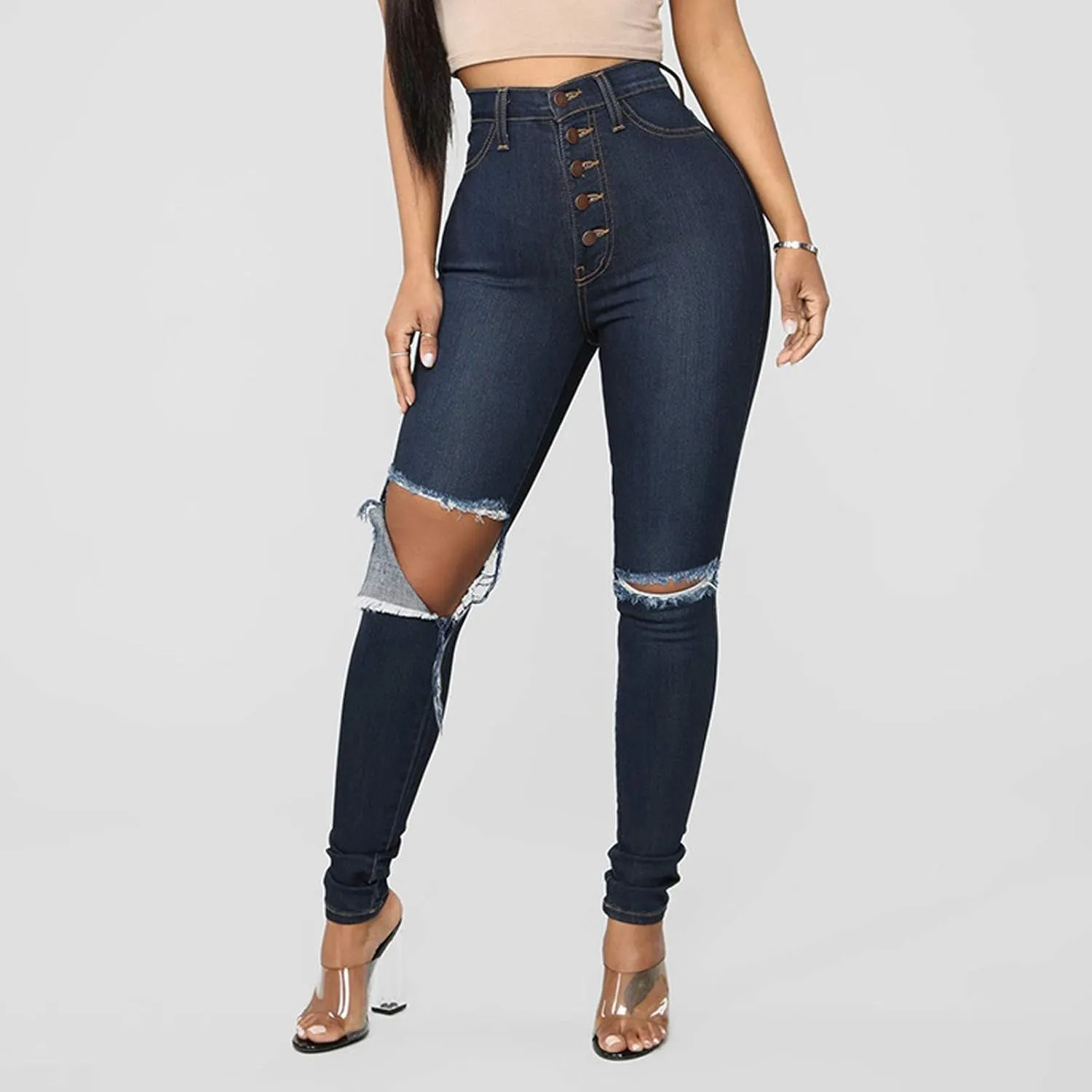 Borniu Plus Size Jeans for Women Stretch Denim Legging High Waisted Ripped Skinny Jeans Distressed Denim Pants