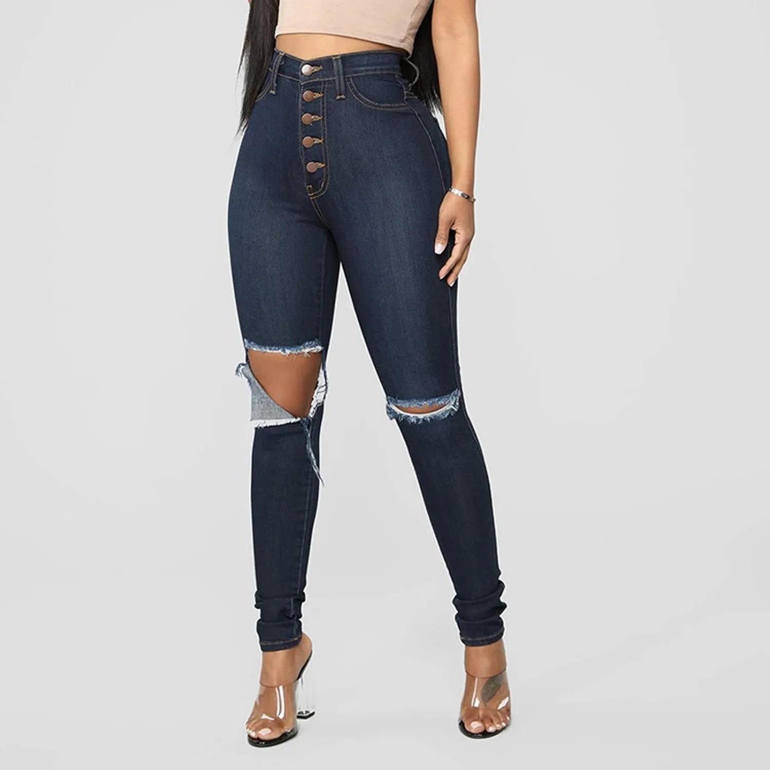 Borniu Plus Size Jeans for Women Stretch Denim Legging High Waisted Ripped Skinny Jeans Distressed Denim Pants