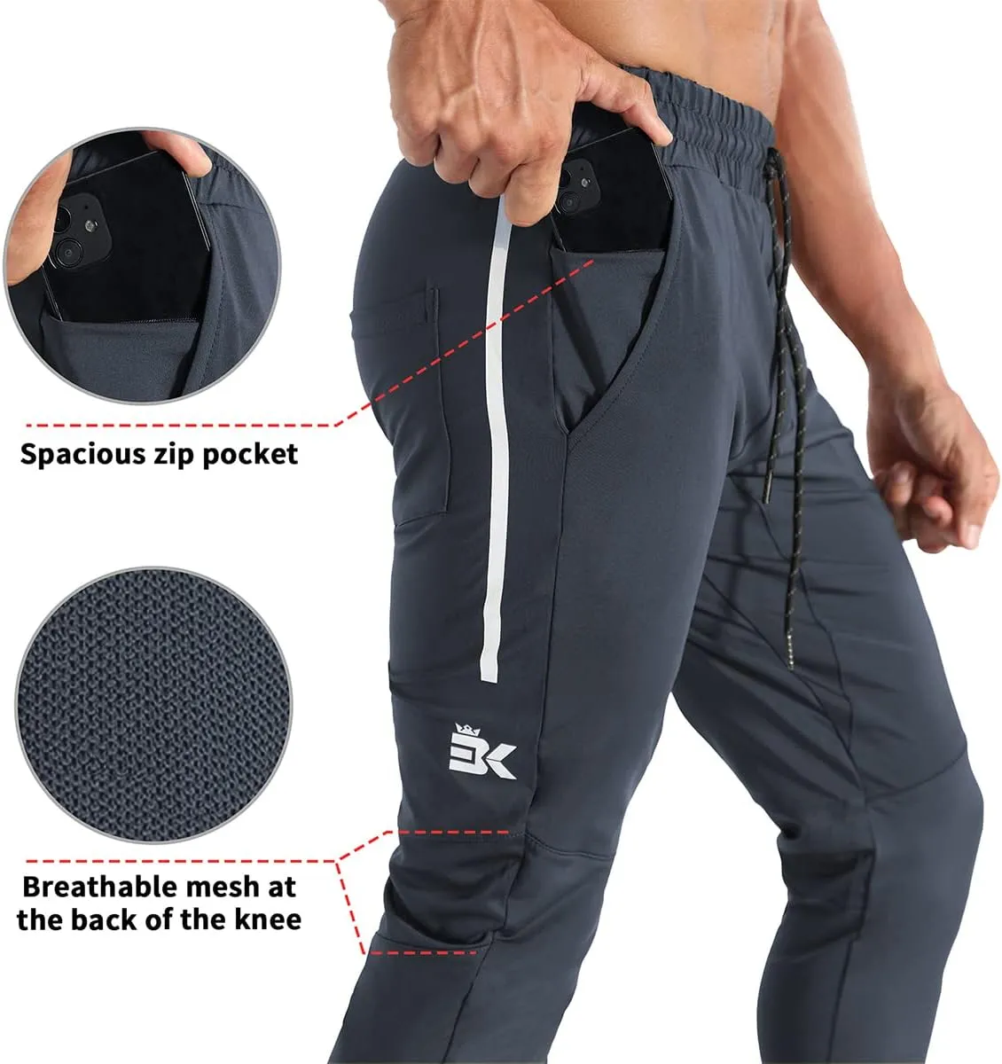 BROKIG Men's Lightweight Athletic Gym Jogger Pants, Stretch Quick Dry Workout Running Sweat Pants with Zipper Pockets